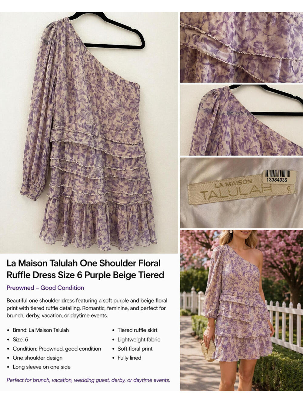 La Maison Talulah One Shoulder Floral Ruffle Dress Size 6 Purple Beige Tiered